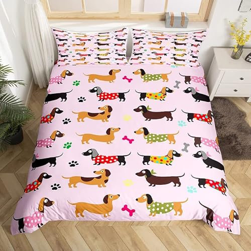 Homemissing Bettwäsche-Set mit niedlichem Dackel-Motiv, für Kinder, Jungen, Mädchen, Cartoon-Dackel, Welpe, Trösterbezug, Kawaii, Haustier-Tagesdecke, 3-teilig, Reißverschluss, Doppelgröße