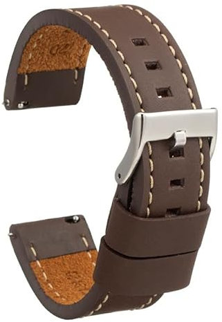 Diloy Bracelet cuir veau ciré style vintage couture blanche – Pour montre sportive ou classique – Tailles 18mm 20mm 22mm 24mm 26mm – Fait main – Noir ou marron 384 Marron Foncé 22mm