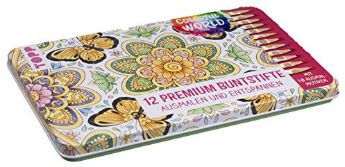 Colorful World Designdose mit 12 Buntstiften: 12 Premium Buntstifte mit weichen Minen und 10 Ausmalbildern in Designdose
