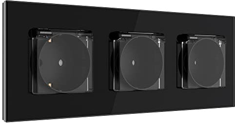PULSAR Steckdose mit Deckel Unterputz Schwarz Glas 3-Fach, Dreiersteckdose für Feuchtraum 250V 16A Wandsteckdose Dreifachsteckdose 228 x 86mm mit Klappdeckel für Bad, Küche, Feuchtraum, IP44