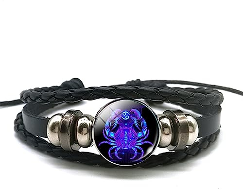 Schwarzes Punk-Lederarmband Mit 12 Sternbildern – Zwillinge, Krebs, Löwe, Jungfrau, Waage, Skorpion, Sternzeichen, Mehrschichtiges, Handgefertigtes Vintage-Lederarmband Mit Druckknopfverschluss