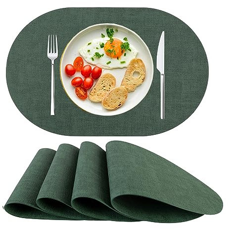 Platzsets Abwaschbar Tischsets 4er Set PU-Leder, Hitzebeständig, rutschfest, Platzset für Esstisch, Küche Oval Grün