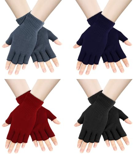 AURUZA 4 Paare Halbfinger Handschuhe Herren Winterhandschuhe Damen Unisex Warme Winter Fingerlose Handschuhe für Männer Frauen (Schwarz Dunkelgrau Marineblau Rot)