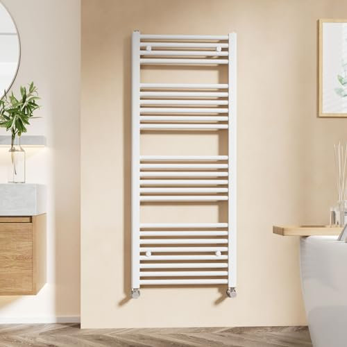 EMKE Modern Straight Heated Towel Rail, 1200 x 500mm, White, Versatile Wall Mounted Bathroom Radiator