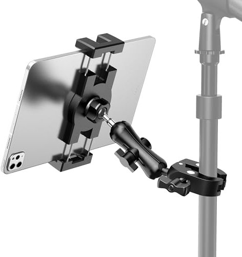 Keuvirya Mic Stand iPad Holder with Adjustable Rotating Tablet/Phone Mount and Secure Handle Clamp for Music Stand