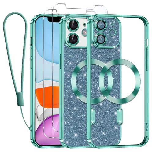 Kokio Funda Glitter Magnética para iPhone 11 con Cuerda [Compatible con MagSafe] Brillante Silicona Funda para iPhone 11 con 2 Piezas Cristal Templado Anti-Choque Carcasa, Verde