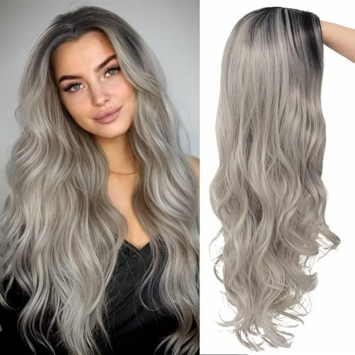 Karneval Perücke Grau,Silber Grau Lang Lockig,Halloween Perücke Grau Gothic Perücke,Lange Graue Ombré Perücke,Perücke Damen Perücke Grau mit Haarnetz,für Halloween Karneval Cosplay Kostüm Party
