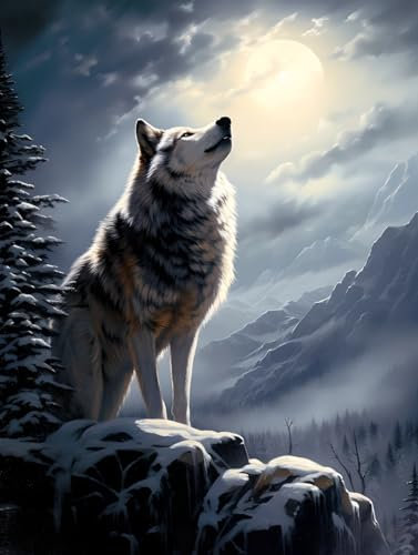 AMBATTERY DIY Knüpfhaken Set Wolf Und Mond Knüpfteppich-Sets Für Erwachsene, Bedruckte Leinwand, Häkeln, Handarbeiten, Bastelteppich, Kissen, Matte, Wandteppich 35x46in