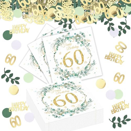 ParPix Konfetti Servietten 60 Geburtstag Frau Mann Set, 60 Geburtstag Deko Grün,20 Stk Deko 60 Geburtstag Mann Frau Servietten Eukalyptus,100 Stk Streudeko Tischdeko 60 Geburtstag, 60. Geburtstag Deko