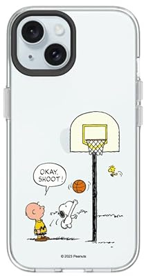 RhinoShield Crystal Clear Case kompatibel mit [iPhone 15] | Fortschrittliche Vergilbungsresistenz, Hohe Transparenz - Schwarz Kamera-Ring [Snoopy/Let's Play Basketball!]