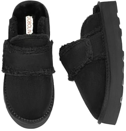 DOBOLIN Damen Hausschuhe Damen Plateau Mini Stiefel Wildleder Warm Rutschfeste Stiefel Winter Kuschelig Pelz Wollgefüttert Kurze Stiefeletten Schwarz EU Gr.39