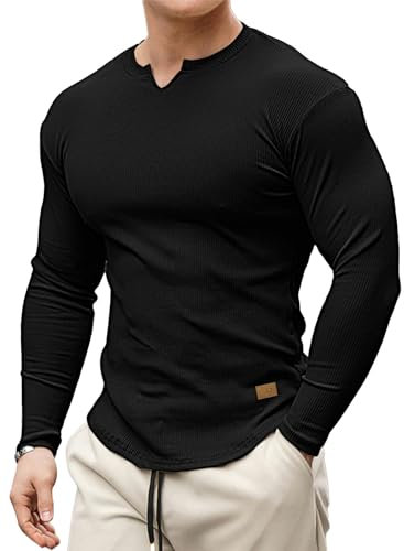 Meilicloth Mens T Shirt Henley Long Sleeve Men Casual Pullover V Neck Top Muscle Longline Ribbed Tee Shirt Black XX-Large