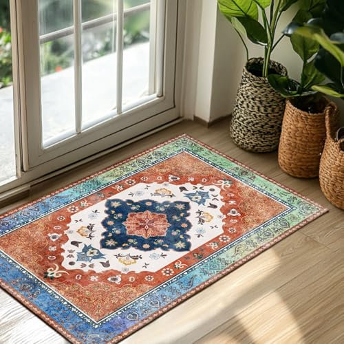 BSGIFT Teppich Läufer 60x110 Waschbarer Teppich Bettvorleger Schlafzimmer rutschfest, Boho Kurzflor Vintage Carpet für Küche Esszimmer Wohnzimmer, Aesthetic Teppiche Rot