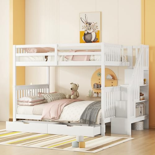 Lcoho Litera, cama infantil, cama de madera, estantería para escaleras, equipada con dos cajones, barandilla alta, certificado EN747-1 (con cajones, 140 x 200 cm)