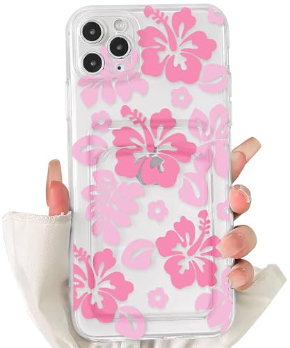 NITITOP Compatible with iPhone 11 Pro Max Case Clear with Card Holder Cute Pink Floral Pattern for Women Girl Hibiscu Soft TPU Shock-absorbing Wallet Case Protective Phone Cover - Pink