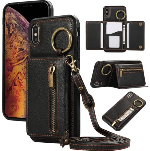 Blapinred for iPhone 6 / iPhone 6S Crossbody Case Wallet with Card Holder Strap for Women, Shoulder Lanyard Cell Phone Wallet Case Zipper Leather Purse Ring Holder Stand Phone Cover - Black