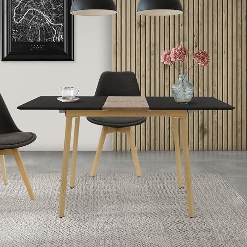 ML-Design Mesa de Comedor Extensible de Madera Negra 110/140 x 75 x 76,5 cm Mesita Rectangular para Salón o Cocina Capacidad de 4-6 Personas Estilo Escandinavo Moderno con Patas de Acero