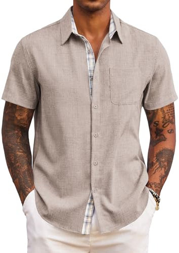 COOFANDY Herren Hemd Kurzarm Leichtes Sommerhemd Strandhemd für Männer Modische Freizeit Herrenhemd mit Brusttasche Strand Sommer Hemden Khaki L
