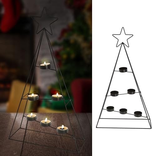 Teelichthalter Tannenbaum Stern für 6 Teelichter | 29x52x10cm Eisen | Weihnachtsbaum-Kerzenständer Metallkerzenhalter