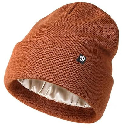 Ruzister Mit Satin gefütterte Wintermütze für Damen und Herren, mit Seide gefütterte Strickmütze mit weichem, Caramel, Beanie Mütze,Dehnbare, weiche Wollmütze, Wintermütze