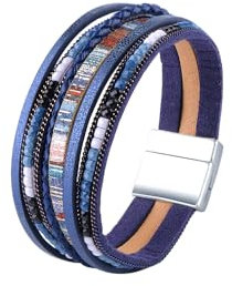 Viwind Lederarmband Damen Boho Multilayer Leder Wrap Armbänder 19 cm Korn Perlen Wickelarmband Geflochtenes Lederarmband Magnetverschluss (Dunkelblau)