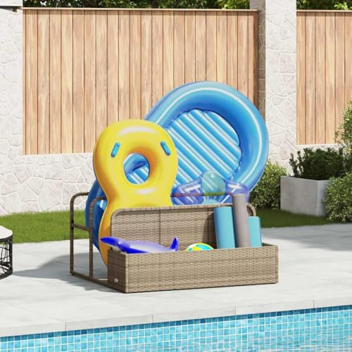 Brokky 4104091 Poolside Float Storage Beige 110x100x57 cm Poly Rattan Pool Storage Bin,Holder for Noodles, Toys, Floats, Towels, Organizer for Swimming Equipments