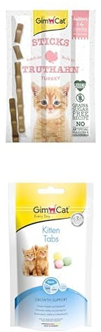 Bundle: GimCat Sticks Kitten Truthahn - Softe Kaustangen mit hohem Fleischanteil,ohne Zuckerzusatz - 1 Packung (1 x 3 Sticks) + GimCat Kitten Tabs - Katzensnack für Junge Katzen ab der 6. Woche