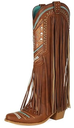 Veelau Meieer Bottes de cowboy pour femme avec franges brodées et rivets - Talon bloc - Look western rétro