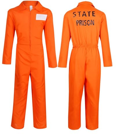 BSBUY Prisoner Overall Kostüm Set 6PC Orange Gefängniskostüm Gefangenerkostüm mit Sträfling Elastischer Overall/Häftlingsnummer-Tag/Häftlingsnummer/Handschellen/Silberkette/Aufkleber Karneval B-XL