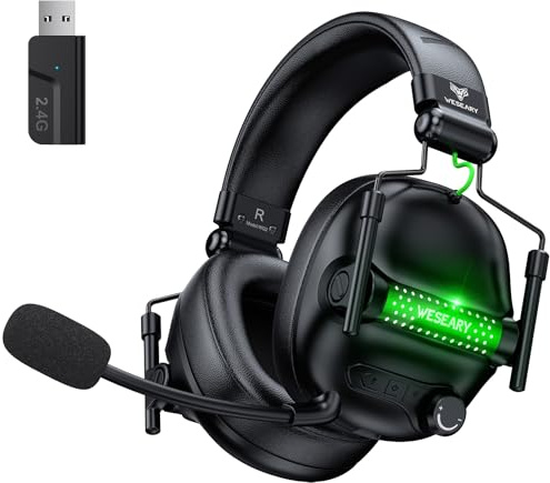 WESEARY WG2 2,4G Wireless Gaming Headset mit Mikrofon Bluetooth Kopfhörer für PS5, PS4, PC, Switch, Mac, Faltbarer 7.1 Surround Sound Noise Cancelling mit LED Licht