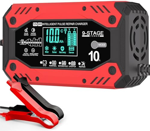 10A Autobatterie Ladegerät, 12V/24V Ladegerät Autobatterie mit Rekonditionierungsmodus und LCD-Bildschirm Batterie Ladegerät, geeignet für LiFePO4, AGM, Wet und Gel-Blei-Säure-Batterien (Red)