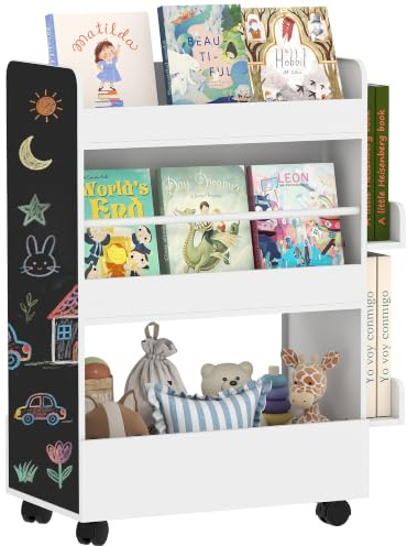 AIYAPLAY Libreria Montessoriana per Bambini 2 in 1, Ruote Legno Bianco | Lavagna Nera, Porta Libri con 4 Ripiani, Scaffale Portagiochi su Due Lati, per Cameretta e Asilo
