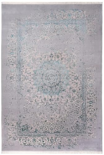 CABBEL Nain Wollteppich 80×120 cm – Handgearbeitet – Schurwolle – Moderner Orientteppich Grau Türkis – Floral Erased Design mit Medaillon – ideal für Wohnzimmer & Schlafzimmer