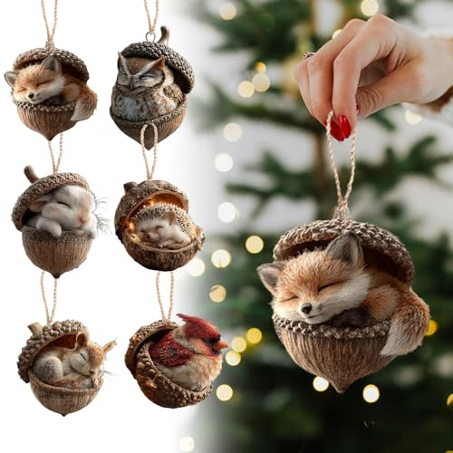 6PCS Forest Animal Acorn Ornaments Cozy Forest Christmas Ornaments, Cozy Forest Animal Acorn Christmas Ornaments for Christmas Tree, 2D Acrylic Hanging Ornament Home Party Décor