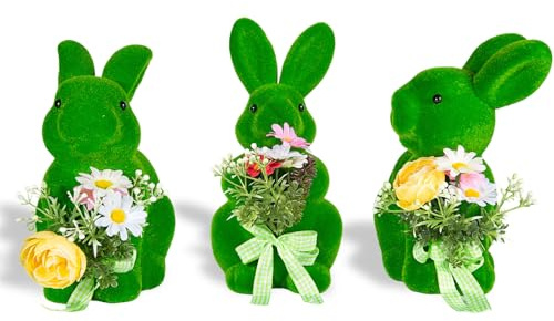 BrilliantJo 3er Set Dekofigur Frühling Dekoration Muttertagsgeschenk Hase mit Schleife und Blumen grüne Hasenfigur für Frauen Innenbereich Garten Deko