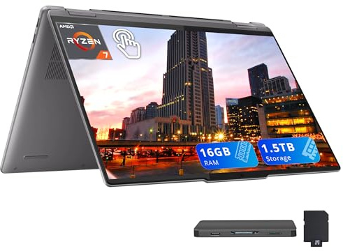 Lenovo Yoga 7 2-in-1 16 2K Touchscreen Laptop, AMD Ryzen 7 8840HS, 16GB LPDDR5X, 1.5TB Storage (512GB SSD+1TB Docking Station), Backlit Keyboard, Fingerprint, FHD Webcam, Copilot, Win11, Grey