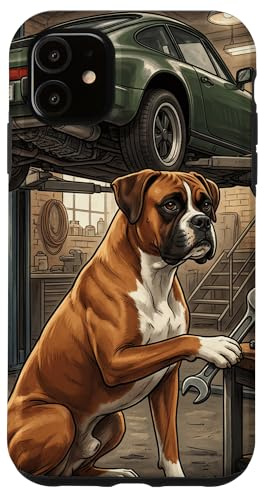 Hülle für iPhone 11 Autowerkstatt „Boxer Dog Mechanic“, Szene zur Reparatur von Oldtimern