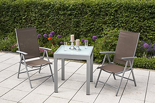 MERXX 3tlg. Amalfi Set, 2 Amalfi Klappsessel, Rückenlehne 5-Fach verstellbar, 1 Balkonausziehtisch, 65 (130) x 65 cm, Matte Glasplatte, Taupe