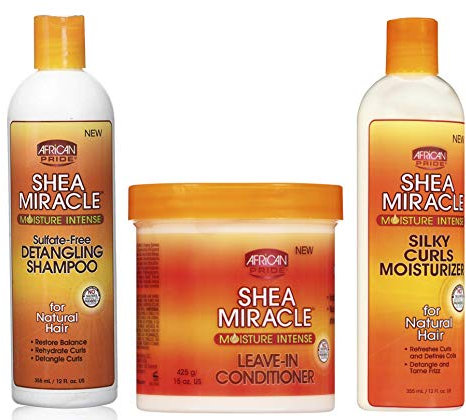 African Pride Shea Miracle | 3er-Set | Entwirrendes Haarshampoo, 355 ml | Leave-In-Spülung, 425 g | Feuchtigkeitsspender für seidige Locken, 355 ml