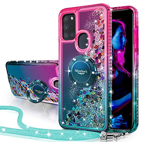 Miss Arts Kompatibel für Samsung Galaxy A21S Hülle, [Silverback] Mädchen Glitzern Handyhülle mit Ringständer, Cover Silikon Flüssigkeit Clear Schutzhülle für Samsung Galaxy A21S - Grün
