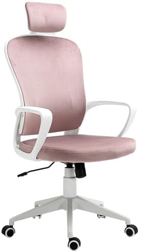 Vinsetto Office Chair, Ergonomic Desk Chair, High Back Velvet Fabric Computer Chair with Adjustable & Liftable Headrest for Home, Pink