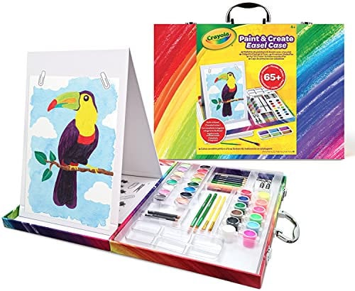 CRAYOLA Coffret Chevalet Peins & Crée : 12 peintures, 16 aquarelles, 11 crayons aquarellables, 4 pinceaux, 2 crayons de cire blancs, autocollants, Âge : 4-10 Ans
