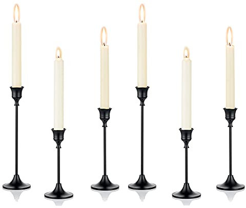 Romadedi kerzenständer Metall Schwarz 6er Set - Vintage Deko Kerzenhalter in Unterschiedlicher Größe Retro Kerzen Ständer für Stabkerze Spitzkerzen Hochzeit Party Weihnachten Tischdeko 15/19/24cm
