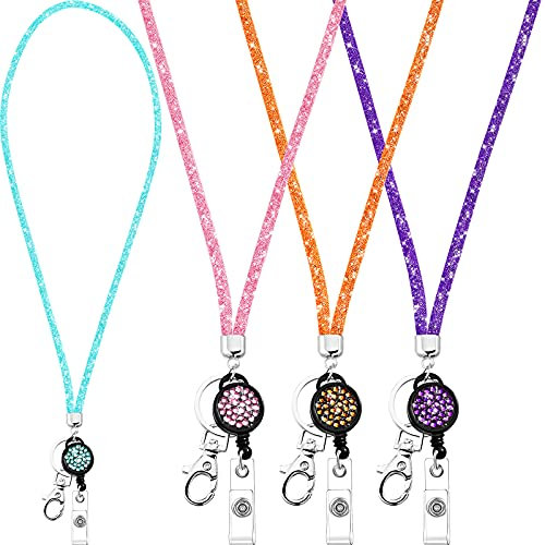 Frienda 4 Stücke Kristall Lanyard Halskette mit Einziehbarem Abzeichenhalter und Schlüsselring, Bling Strass Kristall Lanyard Riemen (Hellblau, Orange, Rosa, Lila)