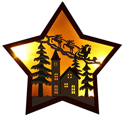 Holzstern Hohllicht für Esstisch Batteriebetrieben, Weihnachtsbaum Topper Beleuchteter Stern mit hohler Rudolph Rentierkiefer