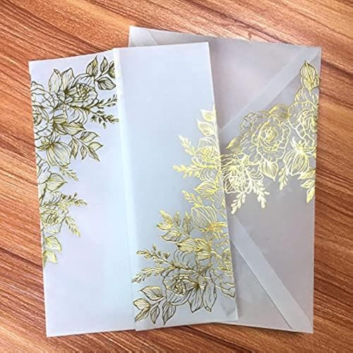25 Sets glänzende Goldfolie Blumenprägung Pergamentpapier Hochzeitseinladungen Karten mit Pergamentumschlägen Blanko-Innenblätter für Brautdusche Babyparty Party Verlobung Jahrestag Einladung Sweet 16