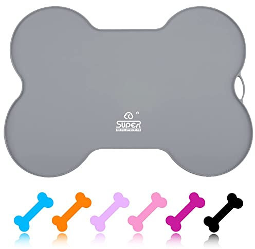 SUPERDESIGN Dog Food Mat Bowl Mat for Floors Waterproof Silicone Cat Dog Feeding Mat for Food and Water Pet Placemat Non Spill Puppy Dish Tray Non Slip Bone Shaped Small Medium Large Gray