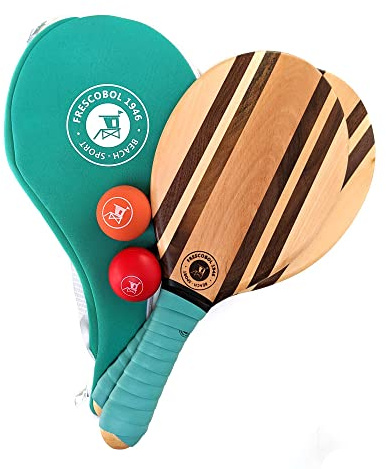 Raquettes de Plage Frescobol | Raquette brésilienne Premium en Bois | Beach Tennis | Set + Sacoche Néoprène Tropical Green Edition