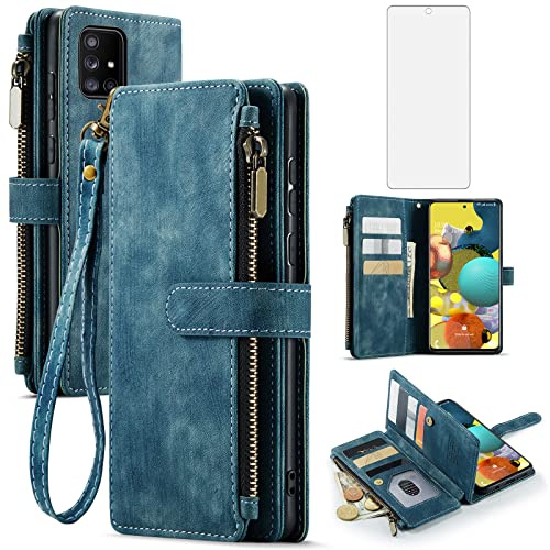 Asuwish Handyhülle für Samsung Galaxy A51 4G Hülle mit Folie Schutzfolie Kartenfach Klappbar Leder Geldbörse Ständer A 51 51A M40S Handy Hüllen Schutzhülle Reißverschluss Handyhüllen Phone Case Blau