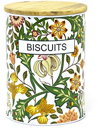 Retro Style Floral Airtight Tin With Wooden Lid | Botanical Biscuit Barrel Metal Cookie Jar | Round Vintage Storage Canister
